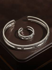 rakol 2 Stücke Set glänzender minimalistischer goldener runder Armreif & Ring Set, Alltagsschmuck Geschenke für Frauen