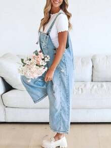 Women's Casual Denim Overall Jumpsuit  Loose Adjustable Shoulder Straps Make Old Denim Cargo Belt Pockets