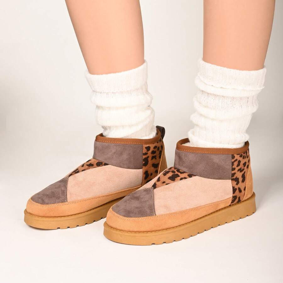 READY SALTED Women's Winter Suede Boots Women's Home Comfort Warm Boots Women's Indoor Outdoor Anti-Slip Boots - TAN WITH LEOPARD - View 1