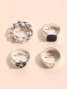 4pcs Black Cross-Shaped Oil Drop Rings, Chain Heart Angel Alloy Rings - Antique Silver - View 4