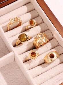 6pcs Vintage Fashion Gold Sunflower & Tiger Eye Colored Rhinestone Ring Set, Women Jewelry Gift