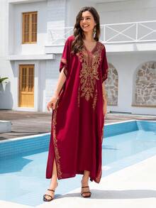 Red Embroidered Dubai Style Short Sleeve Casual Robe, Kaftan Robe