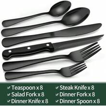 48-Piece Black Silverware Set With Organizer, Black Flatware Set With Steak Knives For   Tainless Steel Tableware Cutlery Set, Mirror Finished Utensil Sets For Home Restaurant