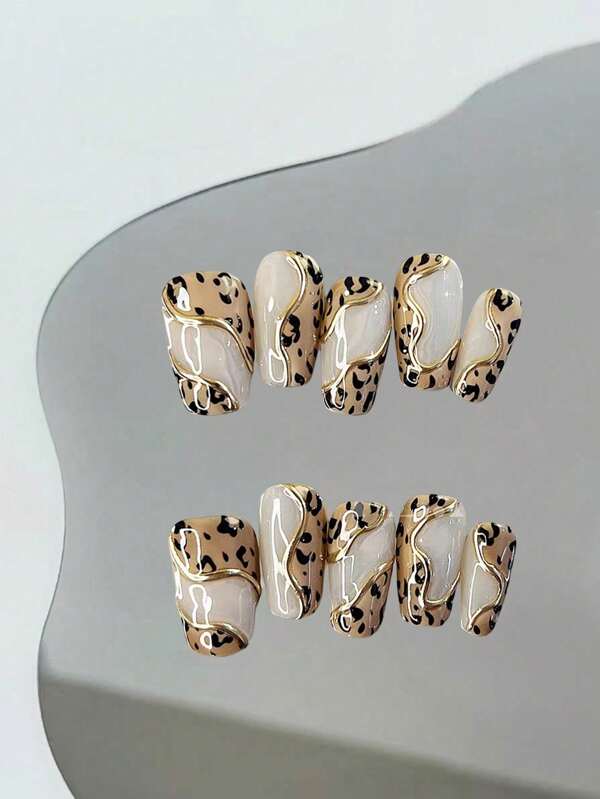 10 Stücke handgemachte Sarg-förmige Nagel Spitzen, Ballett Stil kurze Nägel, Leoparden Muster, gemischte Farben inklusive Gelb, Nude, Hochglanz Finish - elegante Nagelkunst, tolles Geschenk für Feiertage und Partys Nagelset für Frauen