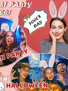 两件套，朋克哥特摇滚长臂保暖针织露指手套拇指孔弹性哥特配饰女士条纹表情手套，兔耳朵头箍，毛绒发饰，适合女性和女孩，可爱兔耳头箍，兔子套装组合，适合派对，复活节，生日派对，表演万圣节