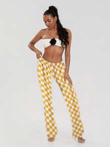 Women Wide-Leg Pants Checkerboard Elastic Waist Loose Trousers Spring Summer Casual Sweatpants Bottoms - 淺黃色 - 查看 1