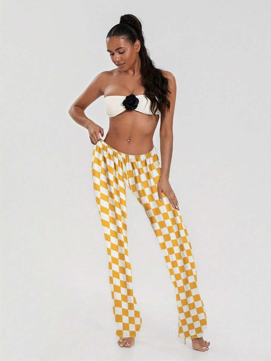 Women Wide-Leg Pants Checkerboard Elastic Waist Loose Trousers Spring Summer Casual Sweatpants Bottoms - 淺黃色 - 查看 1