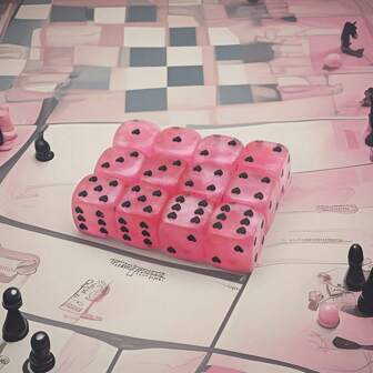 مجموعة نرد 6/10/12 قطعة بقطر 1.6 سم من النوع D6. النرود ذات لون وردي للقاعدة وأنماط قلب أسود. مناسب لعيد الحب ، ألعاب الحزب ، ألعاب الطاولة ، وكهدايا لجامعي النرد.