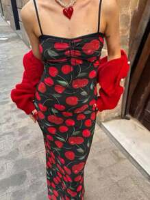 Vestido Largo con Estampado de Cereza - Rojo - Ver 1