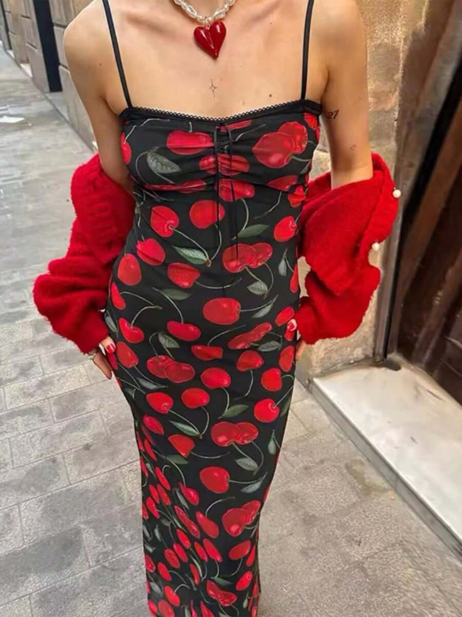 Vestido Largo con Estampado de Cereza - Rojo - Ver 1