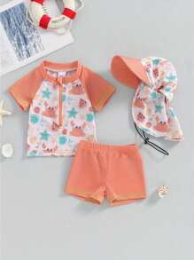 Boys Three Piece Rash Guard Swimsuits Kids Short Sleeve Dinosaur Tops Shorts Swimwear Sets With Sun Hat