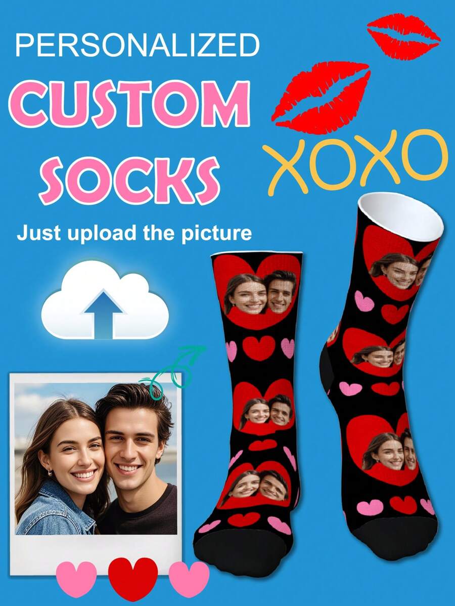 1 Pair Of Customized Crew Socks,Custom Face Socks, Custom Photo Sock, Custom Printed Socks, Personalized Funny Face Socks, Custom Picture Socks, Put Any Face On The Socks, Anniversary Gift, Valentine Gift, Birthday Gift, Wedding Gift, Mother's Day Gift - Multicolor - View 1