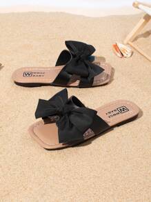 Dziewczęce modne, słodkie, duże, kokardkowe, kwadratowe, płaskie sandały, wygodne, lekkie, wsuwane buty, odpowiednie na letnią plażę, losowy kolor podeszwy, zamów o 1 rozmiar większy
