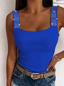 ChicMe Square Neck Rhinestone Sleeveless Tank Top For Women Basic Versatile Slim Fit Sparkly Camisole - Blue - View 1