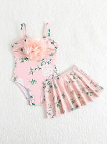 Traje de baño de una pieza con estampado floral, volantes y tirantes finos con falda de tul para niñas - Rosa - Ver 3