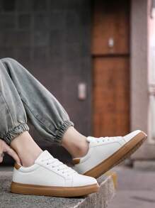 1 Pair Men's Premium Solid Color Leather Casual Shoes, Minimalist White Splicing Upper Outdoor Daily Unisex Sneakers, Plus Size - Brown - View 8