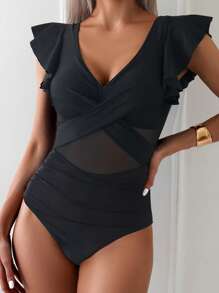 One Piece Swimsuit For Women Front Cross Design Quick-Drying Ruffled Sleeve V Neck Bathing Suit - Black - View 6