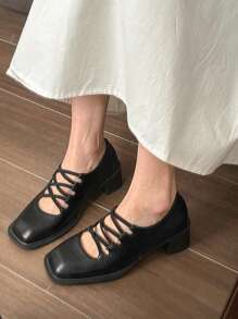 Women's Ballet-Inspired Vintage French Elegant Criss-Cross Elastic Strap Mary Jane High Heels, Square Toe Low-Cut Slip-On Pumps