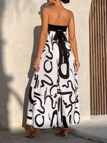 AIJ Amarilo Women's Summer All Over Print Wide Leg Tube Jumpsuit For Leisure Vacation(Random Printing) - Black and White - View 2