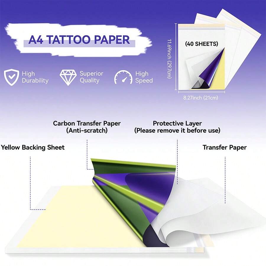 PeriPage PeriPage 40 Pcs Tattoo Transfer Paper, Tattoo Stencil Paper For Tattooing, Unique Tattoo Tracing Paper Suitable For Freehand Drawing And Thermal Copying, A4 Size