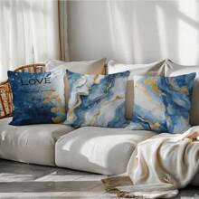 4 pièces Ensemble de taies d'oreiller simples et quotidiennes au motif bleu doré marbré, en tissu velours pêche imprimé sur un côté, 45*45CM/18*18 pouces. Housse de coussin pour décoration de canapé moderne d'intérieur, décoration de fête, cadeau