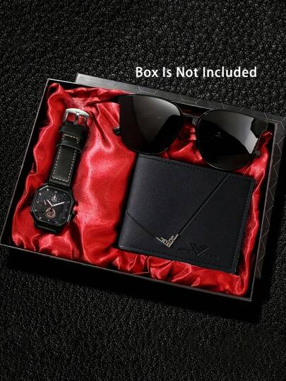 ثلاث قطع مجموعة ساعة يد رجالية موضة هيب هوب كوارتز فاخرة، ساعة رياضية للرجال ، مجموعة شنطة جلدية و نظارات