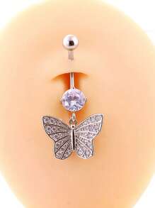 1pc Fashion Navel Piercing Jewelry, Butterfly Design With Cubic Zirconia, Versatile Belly Button Rings For Ladies