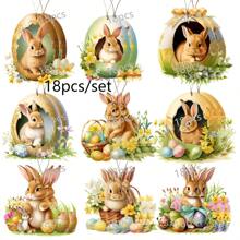 9/18Pcs Vintage Wooden Easter Bunny And Egg Ornaments Set, Animal Themed Easter Hanging Decorations, Spring Party Home Tree Decor, No Electricity Required