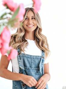 Women's Casual Denim Overall Jumpsuit  Loose Adjustable Shoulder Straps Make Old Denim Cargo Belt Pockets - 藍色 - 查看 2