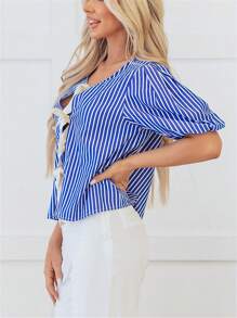 Blue Stripe Tied Front Puff Short Sleeve Blouse - Blue - View 5