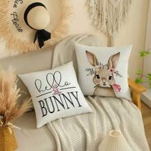 (No se incluyen los rellenos) Fundas de cojín de 18x18 pulgadas con patrón de conejito y huevo, con textura de lino, fundas de cojín decorativas rústicas para el sofá y la decoración del hogar, lavables a máquina