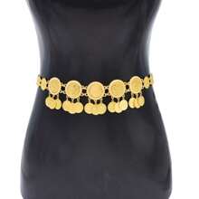 1 pièce Chaîne de taille longue en métal avec pendentif de pièce de style bohémien, accessoire de perle de fantaisie vintage pour femmes, ceinture de taille rétro