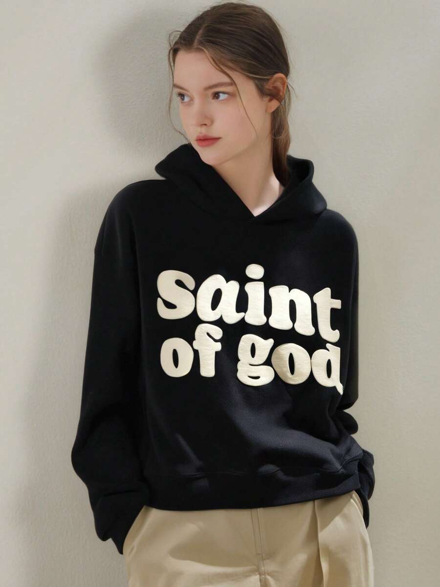 Women's Casual Minimalism "Saint Of God" Letter Print Loose Fit Pullover Hoodie Sweatshirt, Autumn And Winter Long Sleeve Top, As A Gift