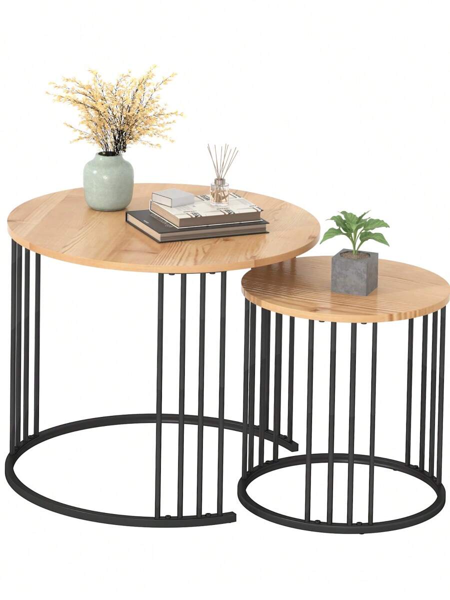 Nesting Coffee Table Set Of 2, Round Table, Morden End Side Table Night Stand For Bedroom Dining Room - Wood - View 1