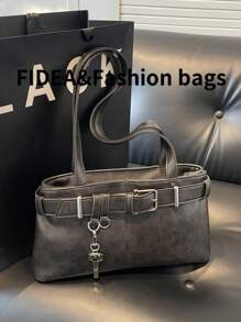 Túi Tote Thời Trang Cho Nữ, Da PU Đơn Giản Màu Trơn Phong Cách Cổ Điển, Đa Năng Cho Các Buổi Hẹn Hò & Việc Vặt, Có Phụ Kiện Móc Khóa - màu đen - Xem 6