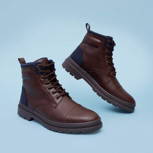 ANDREA Botín Casual Marca Ferrato Para Hombre Estilo Combate Con Agujetas y Detalles En Color Azul Color Café