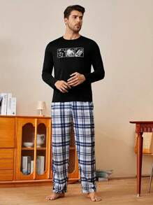 2-Pack Men's Classic Plaid Pajama Set - Long-Sleeve Top & Long Pants, Soft & Comfortable Sleepwear For Spring & Summer, Perfect For Home, Lounge, Or Cozy Nights - 黑色火箭 - 查看 5