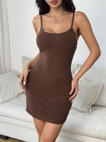 Sexy Sleeveless Backless Round Neck Solid Color Mini Bodycon Dress For Party/Vacation - Coffee - View 5