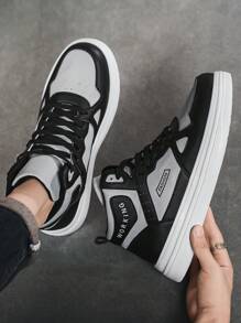 男士时尚撞色复古舒适休闲字母高帮运动鞋四季户外街头百搭厚底减震增高防滑滑板鞋 - 黑灰 - 查看 7