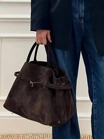 1pc BUTFLY Vintage Style Large Capacity Suede Handbag, Solid Color, Fixed Shoulder Straps, Buckle Closure, Polyester Lined, Fabric Tote For Daily Commute, Date, And Travel, Newest Fashionable Suede Bag For Women, Perfectly Matching With Fall Outfits Women Fall Clothes For Women