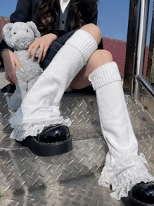 1 par de calentadores de piernas para mujer con adorno de encaje y lazo, estilo lolita lindo, para primavera/verano