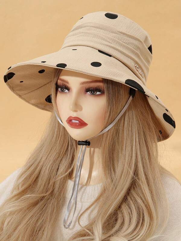 1 Sombrero de cubo de mujer pequeño, de moda y versátil, que protege del sol y realza el rostro, con decoración de bola de fibra de poliéster (poliéster) a lunares, para primavera, verano y otoño