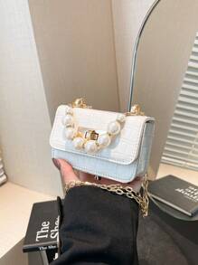 1pc Crocodile Pattern Jelly Bag Children's Handbag Coin Purse Pearl Crossbody Small Bag, Exquisite And Fashionable Pearl Handbag Small Square Bag, Suitable For Girls To Go Shopping, Daily Use, Attend Parties, Sweet And Cute Princess Style Crossbody Chain Bag, Pearl Handbag Chain Shoulder Strap, Magnetic Buckle Flip Closure Opening Method, The Best Choice For Little Girls As A Gift - Pearl Handbag - View 18