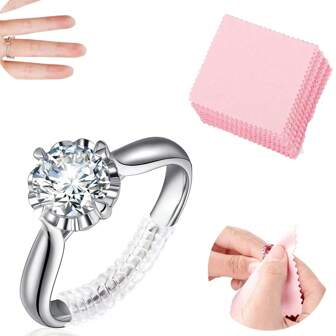 4pcs Ring Size Adjuster For Loose Rings, And 50pcs Pink Cleaning Cloth Ring Sizers Ring Spacers Or Ring Tightener, 4 Sizes Fitter, Resizer Fit Almost Any Size Rings