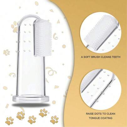 宠物牙刷套装，专为猫狗爱好者设计，包含一支适合猫狗主人使用的指套牙刷，以及一支带有16个圆形凸起的柔软硅胶刷毛幼犬牙刷，加厚硅胶层，透明设计，适合所有猫狗爱好者和宠物主人。