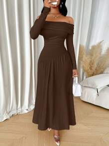 abyoxi Solid Color Off-The-Shoulder Pleated Asymmetrical Waist Long Sleeve High Elegance Women's Long Dress For Party Dates, Back To School, Fall/Winter Clothes For Women