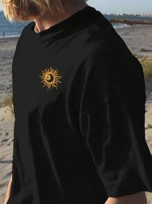 男士夏季太阳和月亮印花圆领短袖休闲T恤 - 黑色 - 查看 3