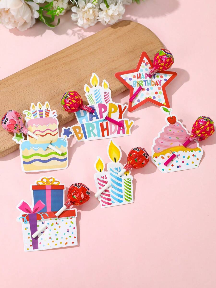 48 件生日快乐棒棒糖装饰卡、生日派对家庭节日派对装饰用品、生日礼物糖果包装用品、性别揭示宝贝淋浴装饰派对礼物