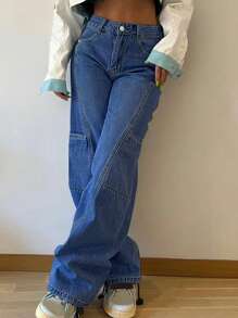 Boyfriend Style Spliced Women's Denim Straight Leg Pants - Dark Wash - View 6