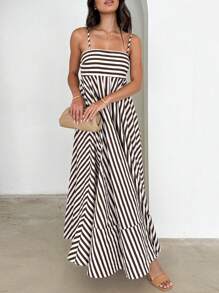 2025 Women Long Cami Dress Stripe/Dot Print Spaghetti Strap Backless A-Line Flowy Dress - màu nâu - Xem 1